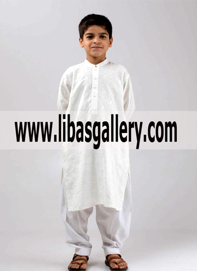 White Kids Kurta Shalwar Small Collar