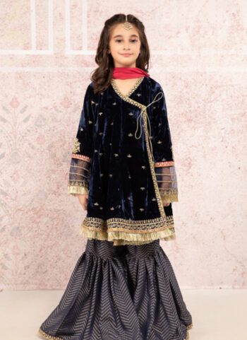 Kids Embroidered Velvet Shirt With Gharara