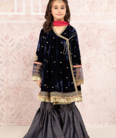 Kids Embroidered Velvet Shirt With Gharara