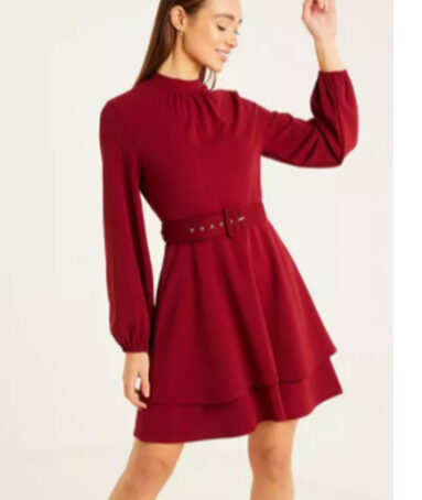 Wine Scuba Crepe High Neck Two Tiered Skater Dress