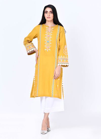 Yellow Kurti with Blue and Pink Embroidery