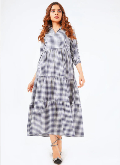 V Neck Collared Dress - Blue White Gingham Check