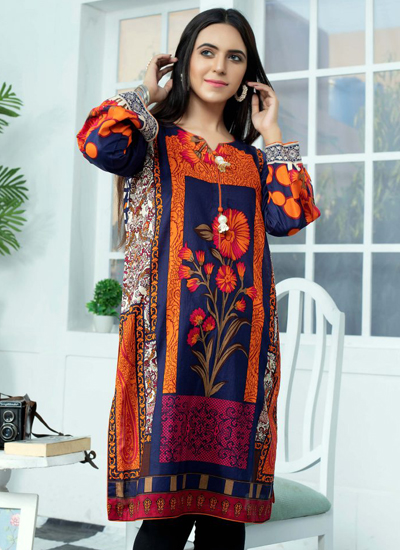 Blue And Orange Printed Lawn Shirt