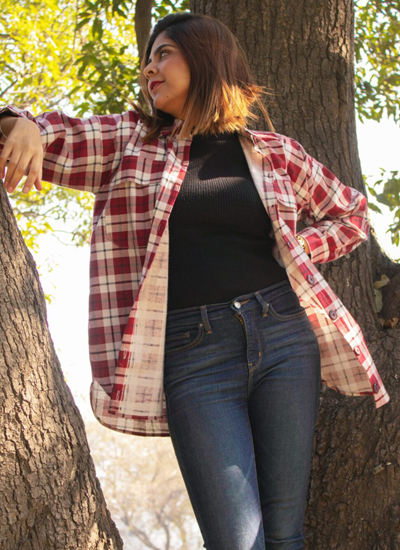 2 Pockets Cotton Red White Check Shacket