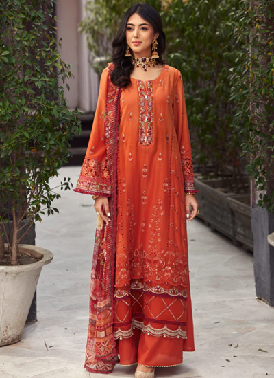 3 Piece Orange Embroidered Lawn Dress