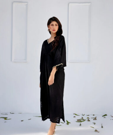 1 Piece Stitched Black Self Cotton Kaftan